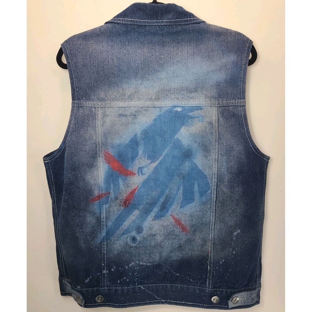 Southpole Denim Vest Mens Large Distressed Sleeveless Jean Jacket Graphic Back - Picture 2 of 4